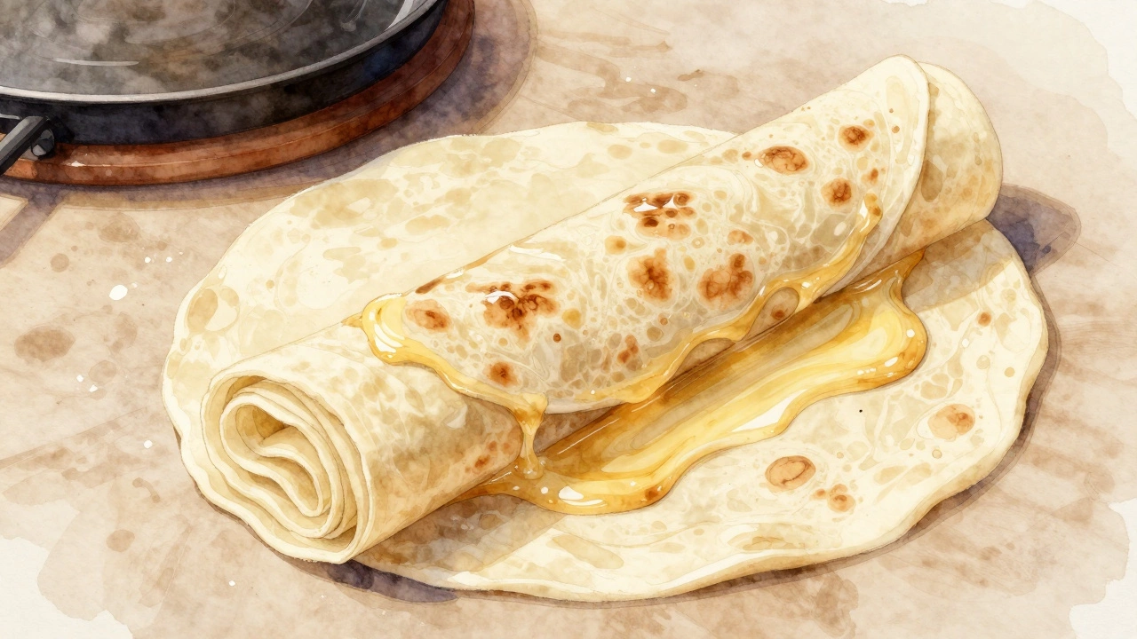 Layering paratha dough with ghee between folds for flaky texture.