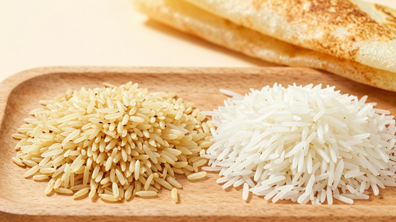 Parboiled rice next to jasmine rice, with a crisp dosa on a griddle in the background.