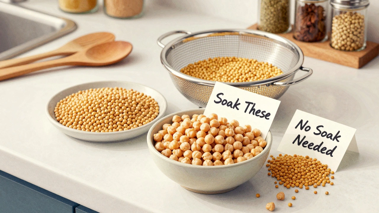 Soaked whole pulses beside split lentils on a kitchen counter with labels.