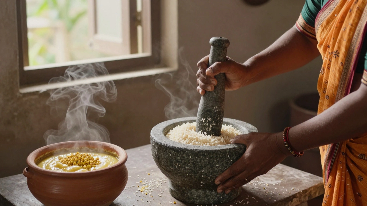 Woman grinding rice and urad dal in a stone mortar, fermenting batter nearby in a clay pot.