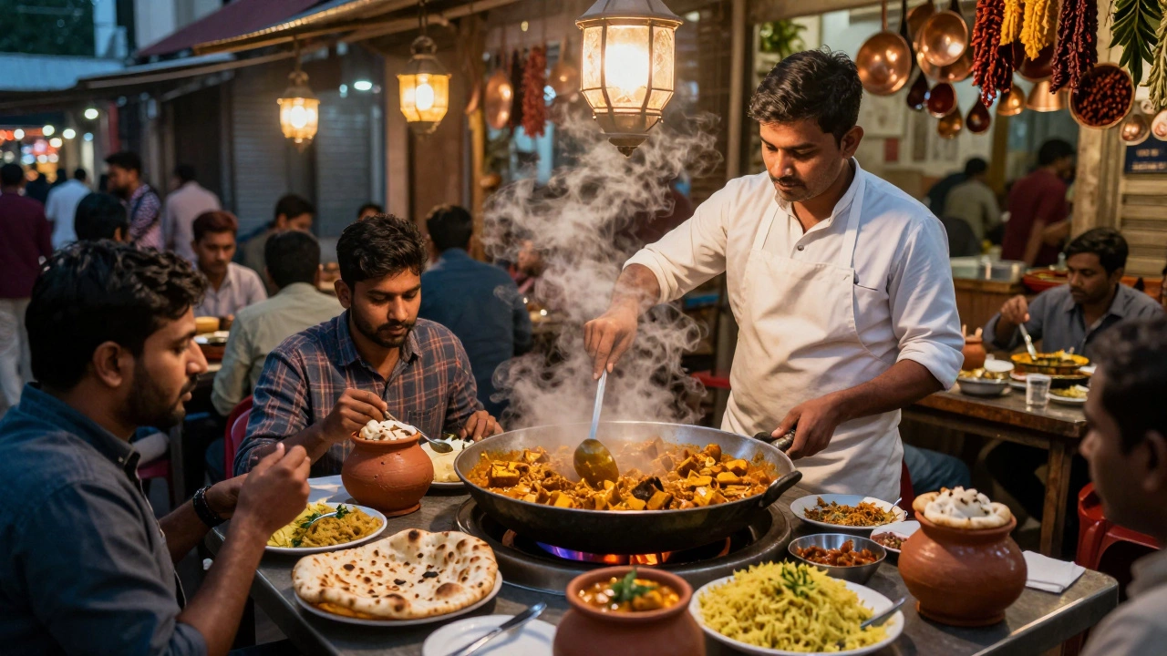 A lively Indian dhaba where people enjoy paneer butter masala with naan under warm lantern light.