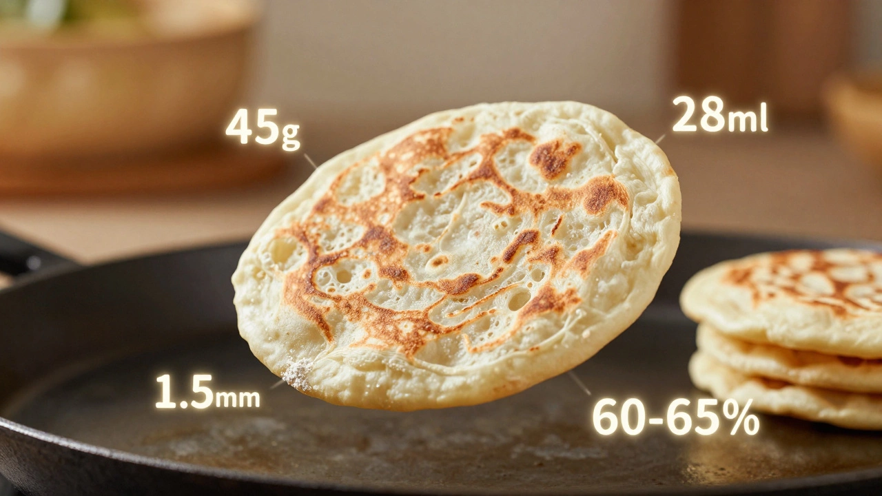 A perfectly puffed roti floating with glowing measurements of flour, water, and thickness around it.