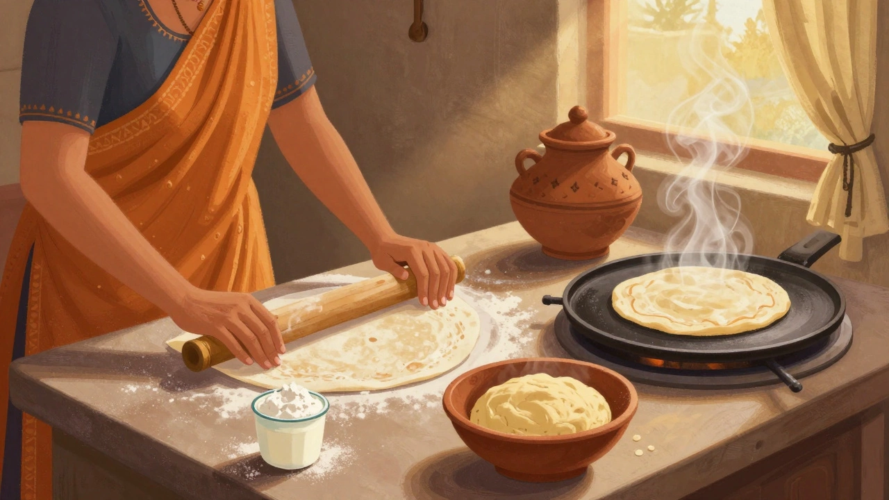 A woman rolling a roti between parchment paper in a traditional Indian kitchen with steam rising from a tawa.