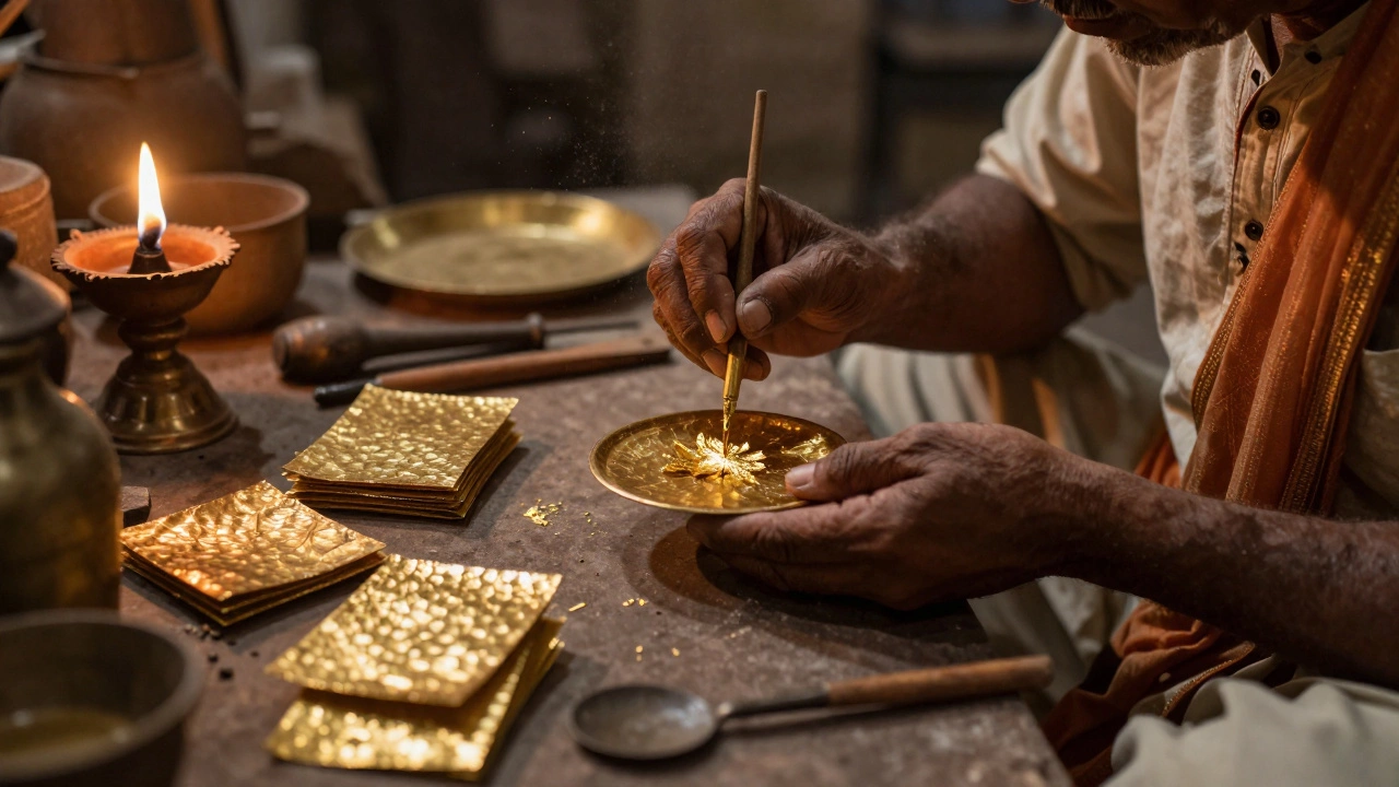 An elderly artisan carefully applying edible gold leaf to a traditional Indian sweet in a dim workshop.