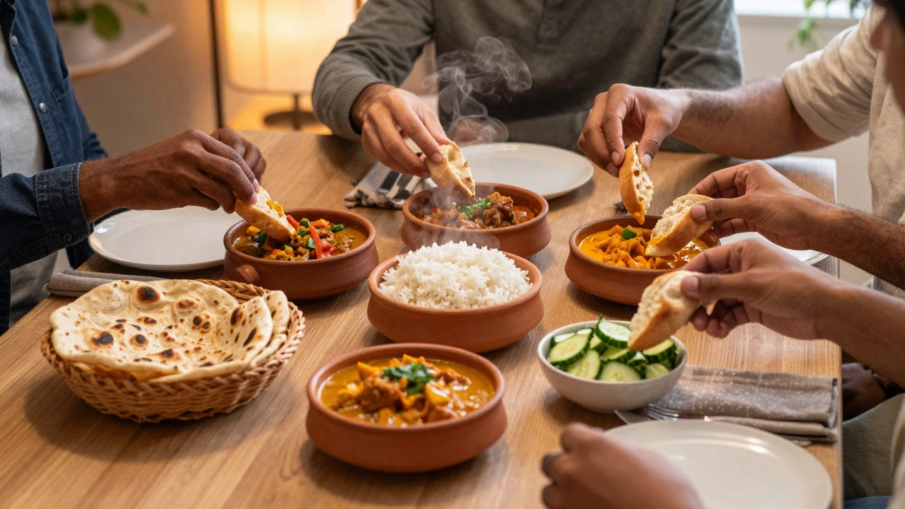 Dinner table with round bowls of curry, basmati rice, roti, and cucumber salad for sharing
