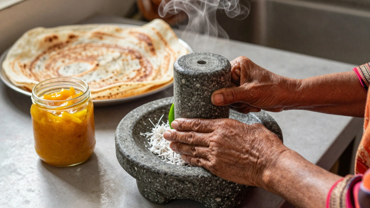 Elderly woman grinding coconut and chilies in a stone grinder, mango chutney jar in background.
