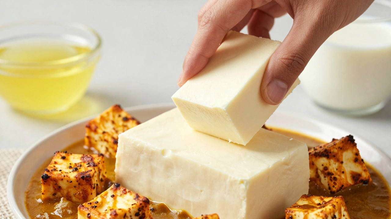 Firm, springy paneer block being pressed gently with fingers beside cooked curry.