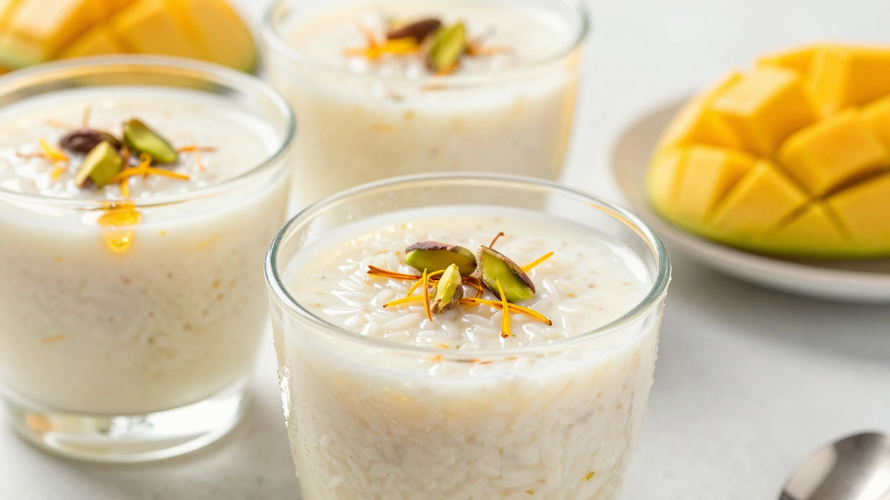 Glass cups of cardamom rice pudding kheer topped with pistachios and saffron strands