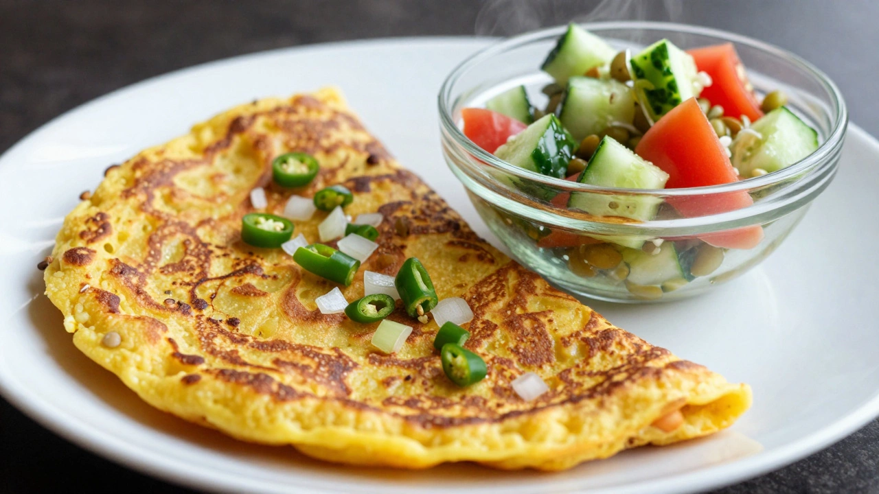 Golden Moong Dal Chilla served with fresh Sprouted Moong Salad.