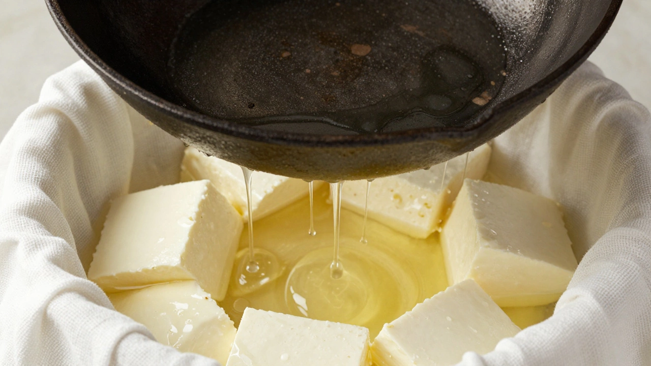 Paneer curds draining in cheesecloth under a heavy cast iron skillet.