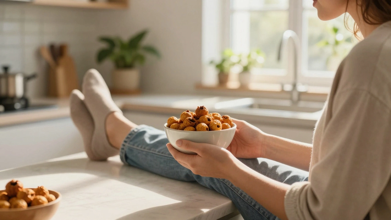 Person enjoying a bowl of Roasted Makhana in a bright kitchen.