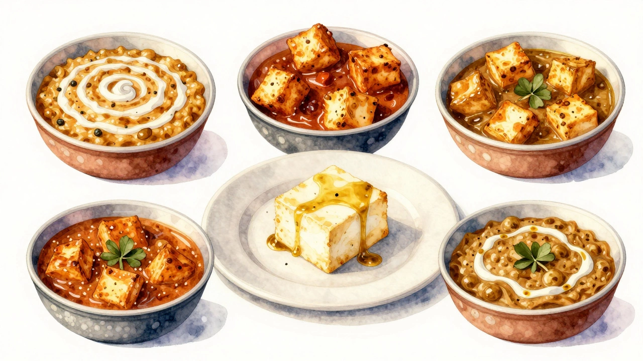 Regional variations of paneer butter masala arranged around a central paneer cube in soft watercolor style.