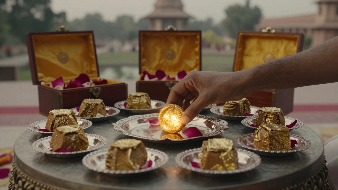Twelve small gold-leaf sweets served on silver plates at a luxurious Indian wedding ceremony.