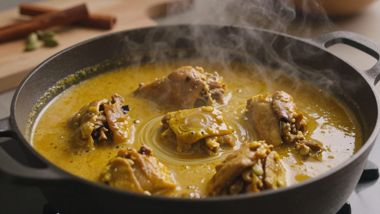 A bubbling golden chicken curry simmering in a cast-iron pot with aromatic spices nearby
