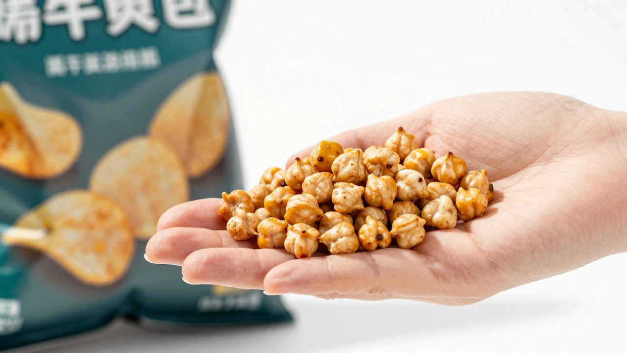 A hand holding roasted chickpeas and fox nuts as a healthy alternative to potato chips