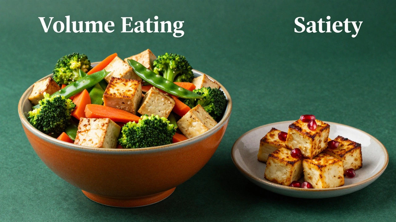 A large bowl of tofu vegetable stir-fry next to a small plate of grilled paneer cubes.