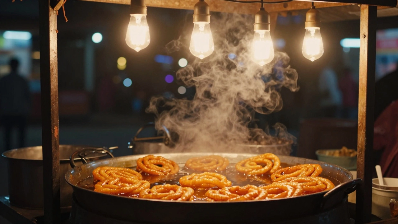 A street vendor frying orange Jalebis at a glowing sweet stall at night.