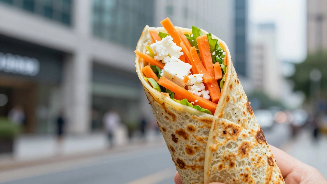 Close-up of a handheld Moong Dal Chilla wrap filled with carrots and paneer.