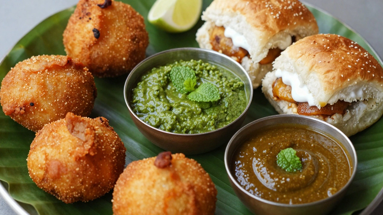 Close-up of various Indian street snacks with green and brown chutneys on leaf plates.