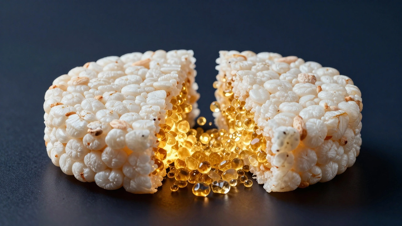 Conceptual art showing glucose crystals releasing from a rice cake.