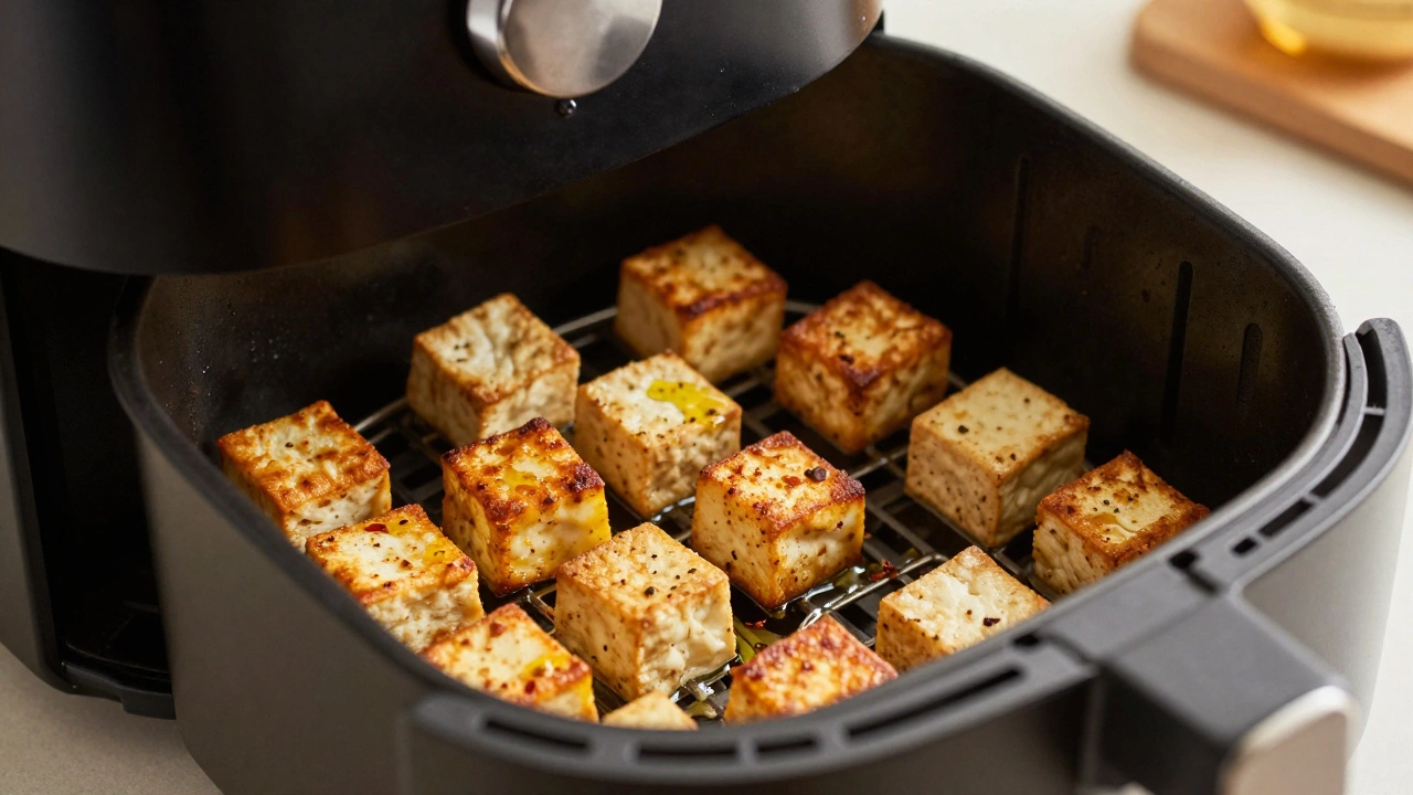 Crispy spiced paneer and tofu cubes being cooked in a modern air fryer.