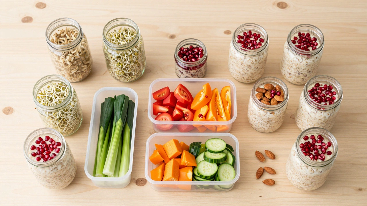 Flat-lay of Sunday meal prep with overnight oats and chopped vegetables in glass jars.