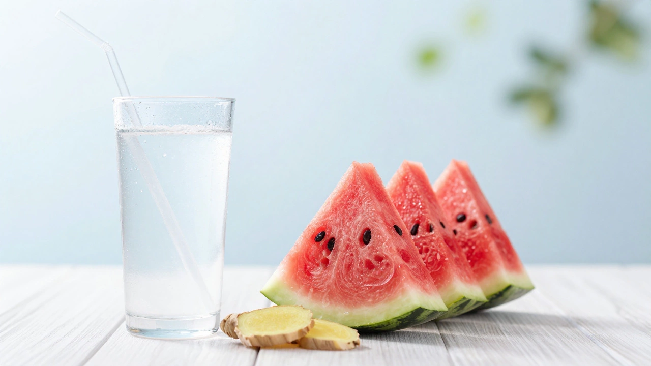 Glass of coconut water with watermelon and ginger for acid relief