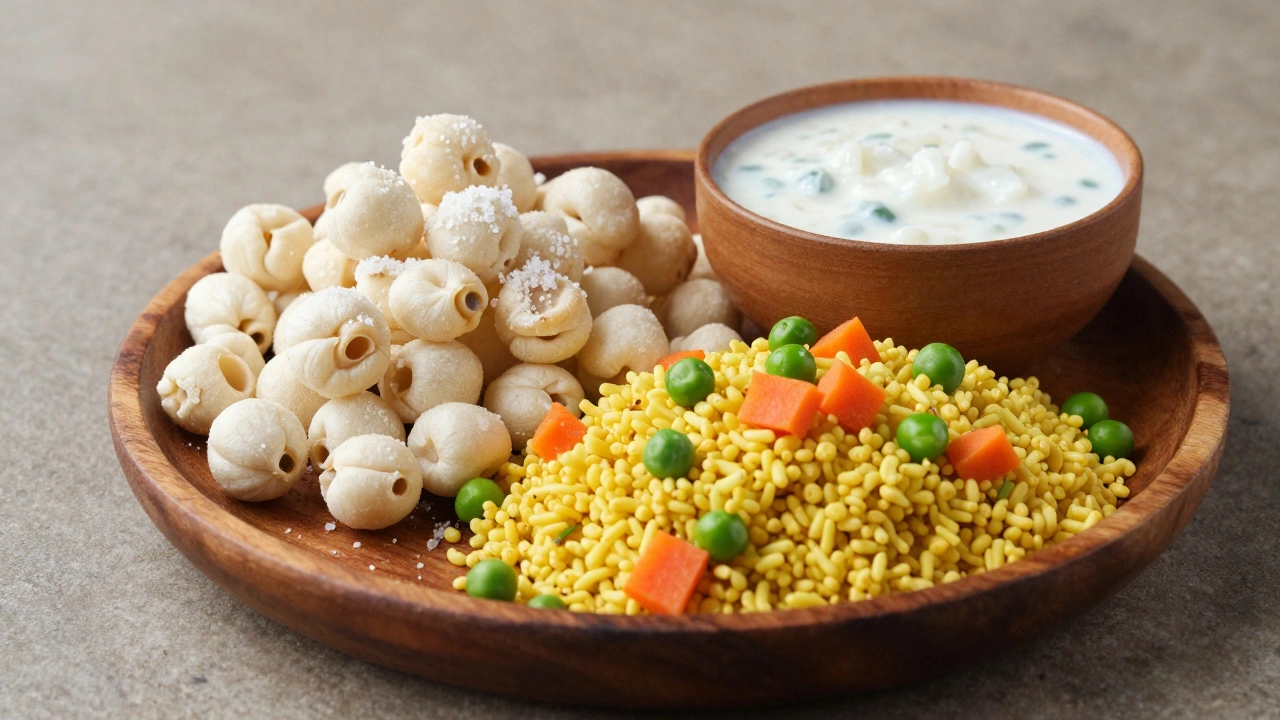 Platter of roasted makhana, vegetable poha, and cooling curd rice