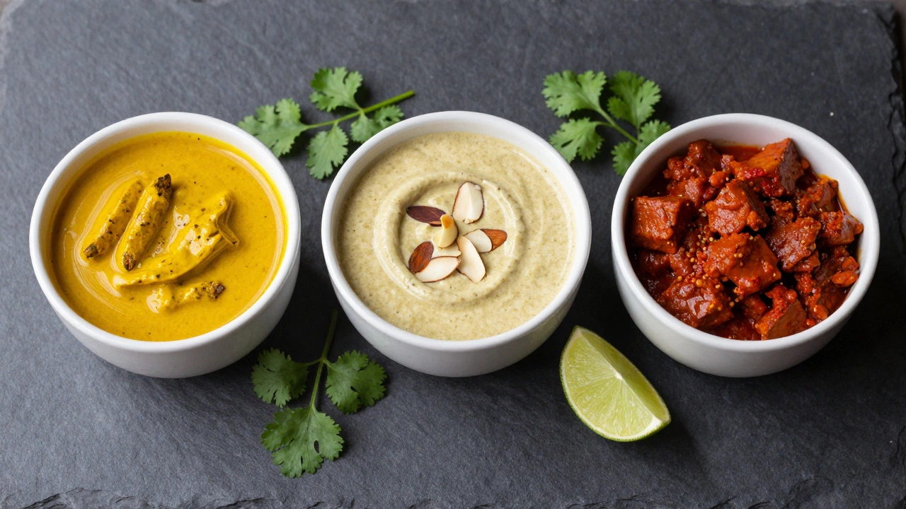 Three different types of curry including yellow, creamy Korma, and red Vindaloo in ceramic bowls