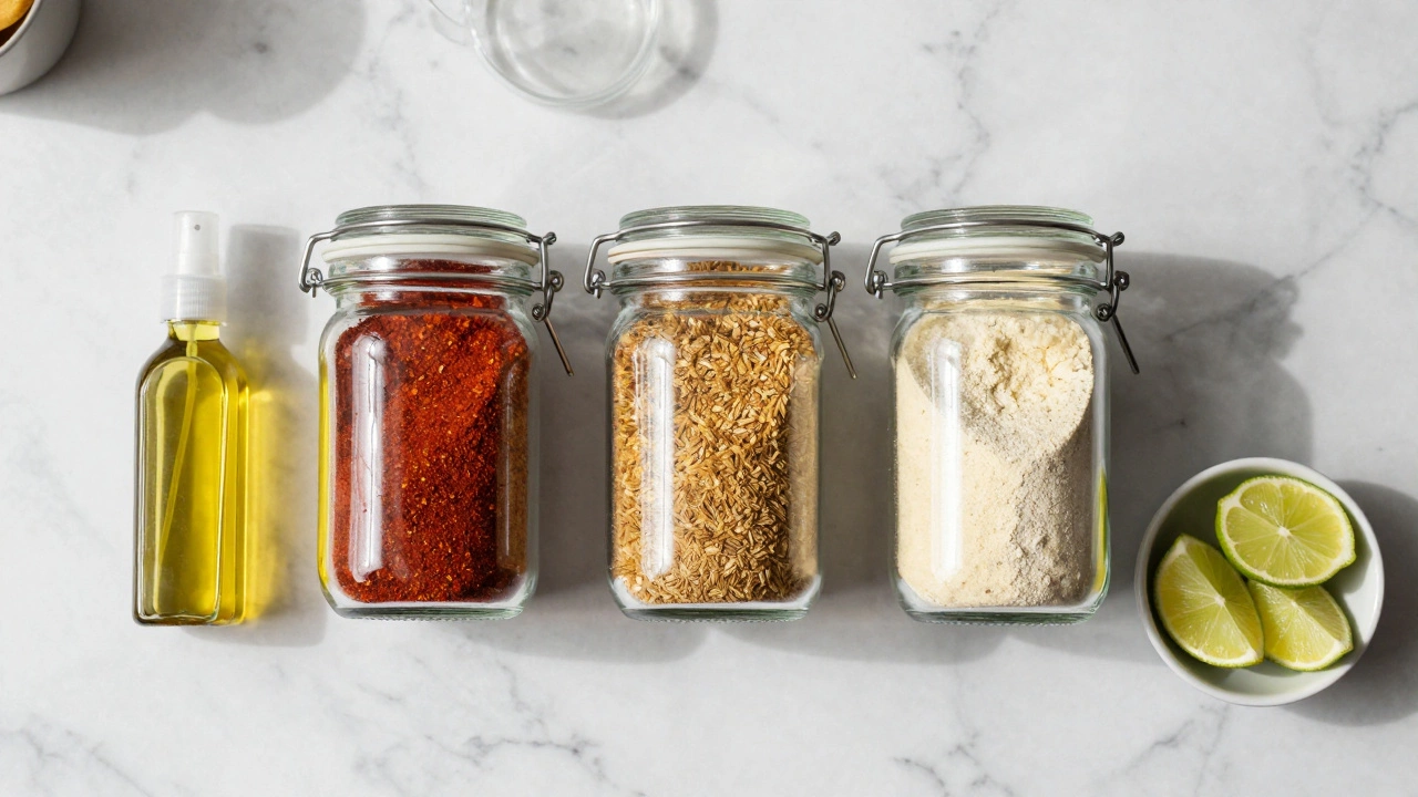Three glass jars filled with differently seasoned healthy Indian snacks on a marble counter