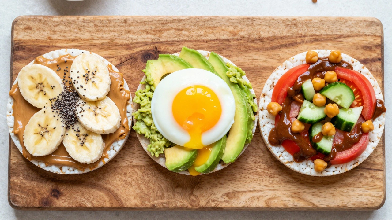 Three rice cakes topped with avocado egg, almond butter banana, and chickpea salad.