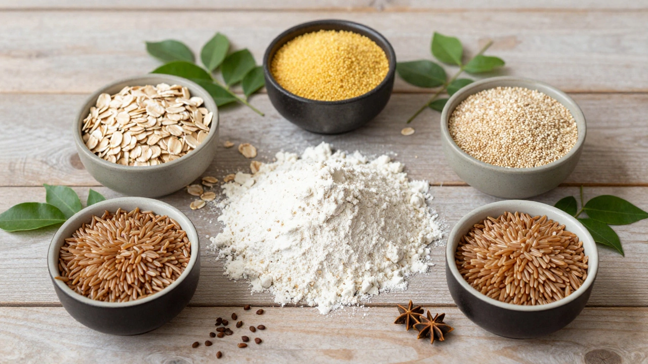Assortment of healthy grains like ragi, oats, and quinoa arranged on a wooden table.