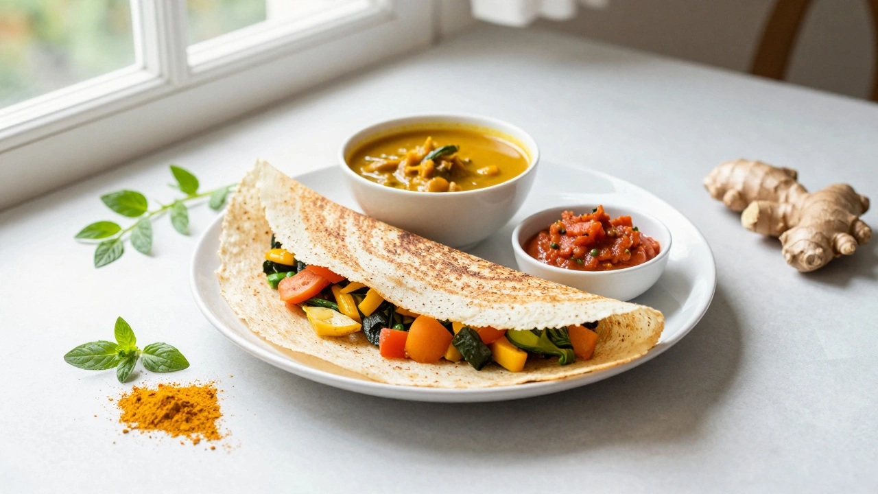 Balanced breakfast plate with veggie dosa, sambar, and chutney in natural light