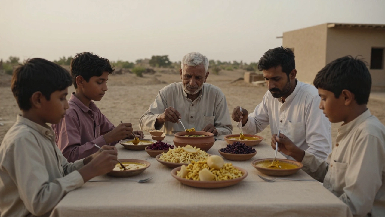 Family sharing dal dhokli and ker sangri in a rustic setting