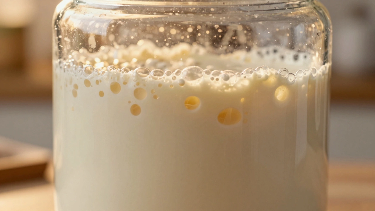 Fermented dosa batter with air bubbles in a glass jar