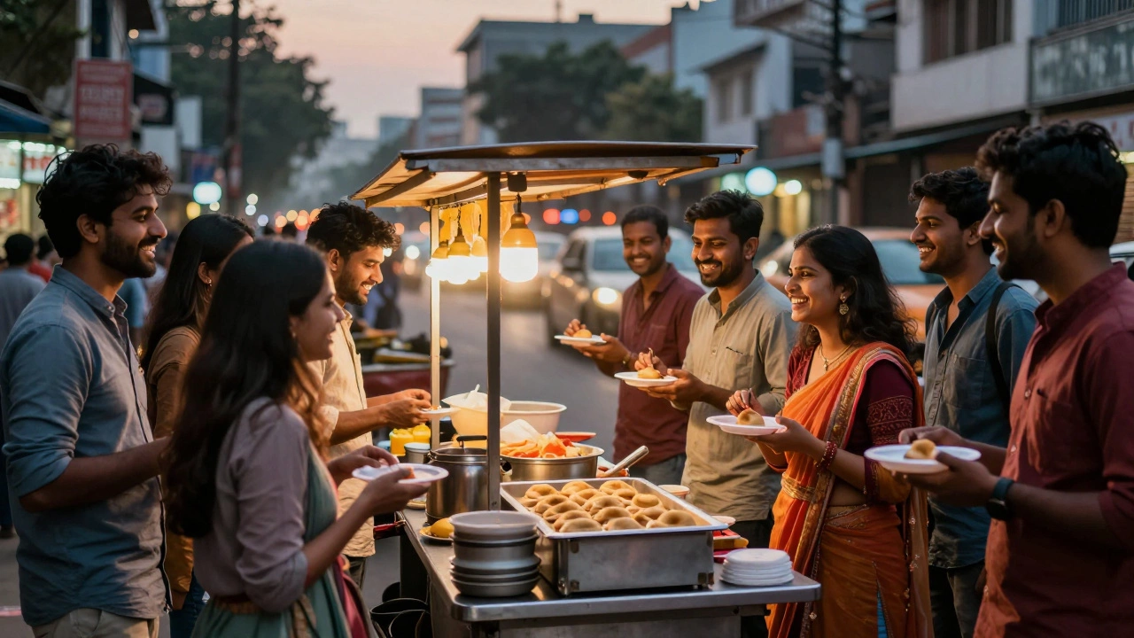 Friends enjoying Pani Puri together at a busy street food cart