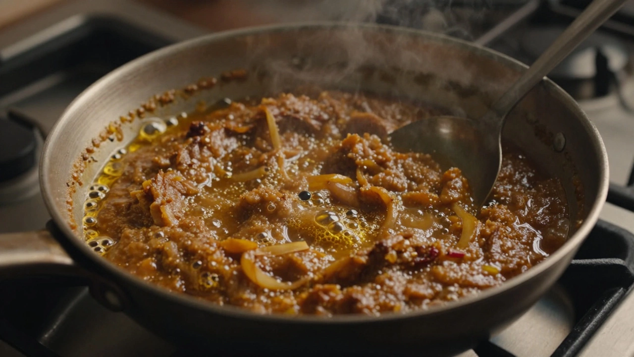 Golden brown onion masala paste simmering in ghee with oil separating at the edges