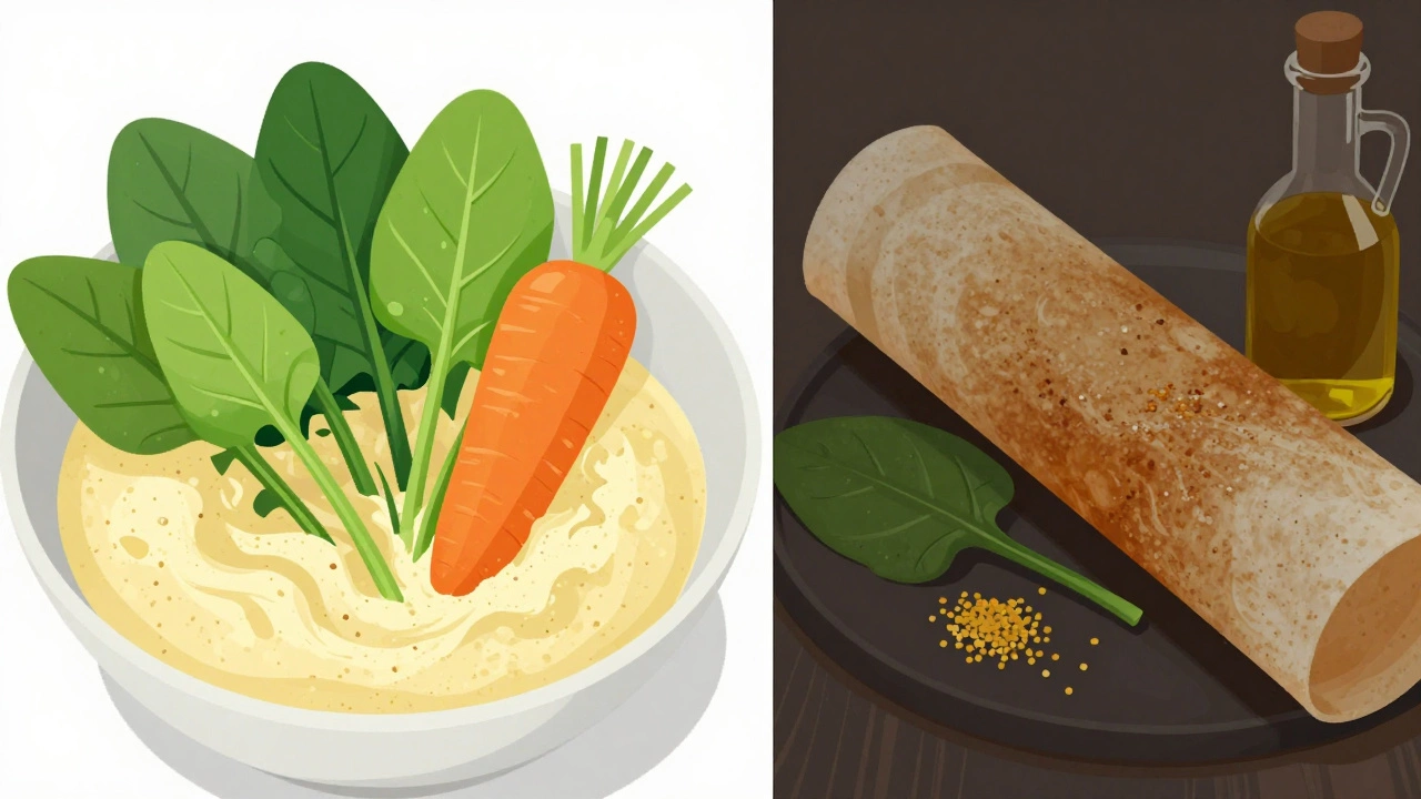 Illustration comparing healthy millet dosa with veggies versus standard preparation