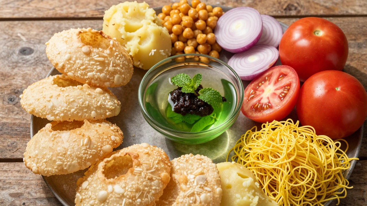 Ingredients for Pani Puri: puris, spiced water, potatoes, and chutneys