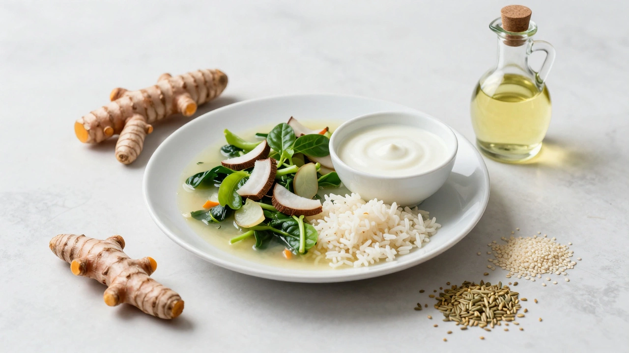Satvic meal with avial, yogurt, and ayurvedic spices