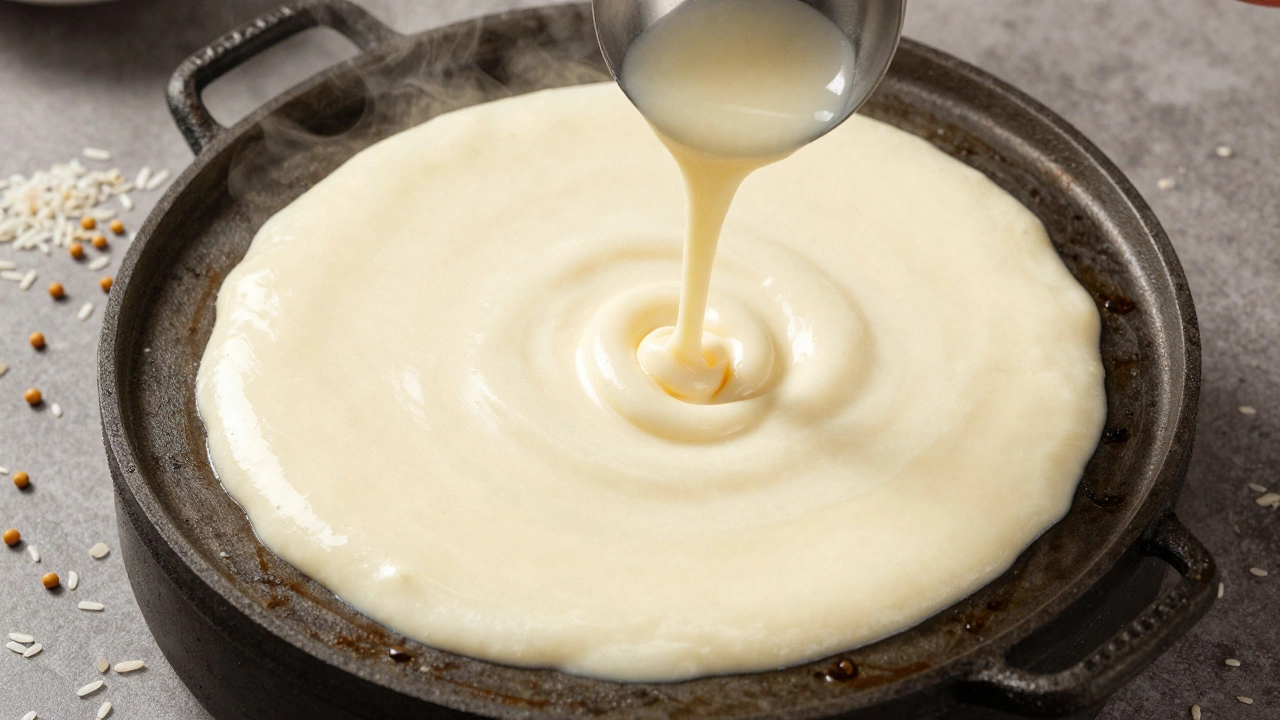Smooth dosa batter being poured onto a hot griddle