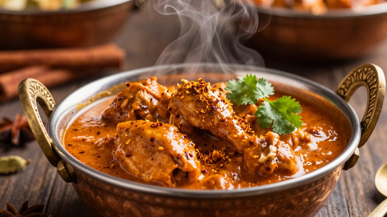 Steaming bowl of chicken curry garnished with garam masala and cilantro.