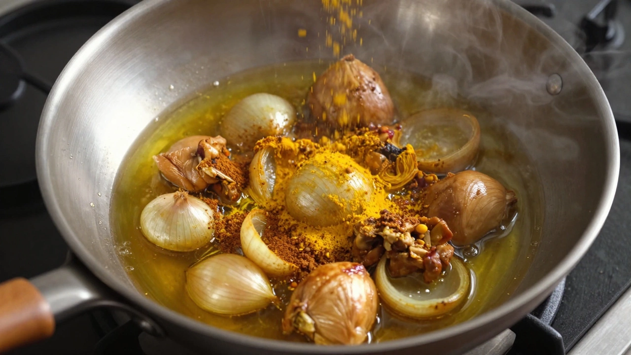 Turmeric and cumin blooming in hot oil with onions in a pan.