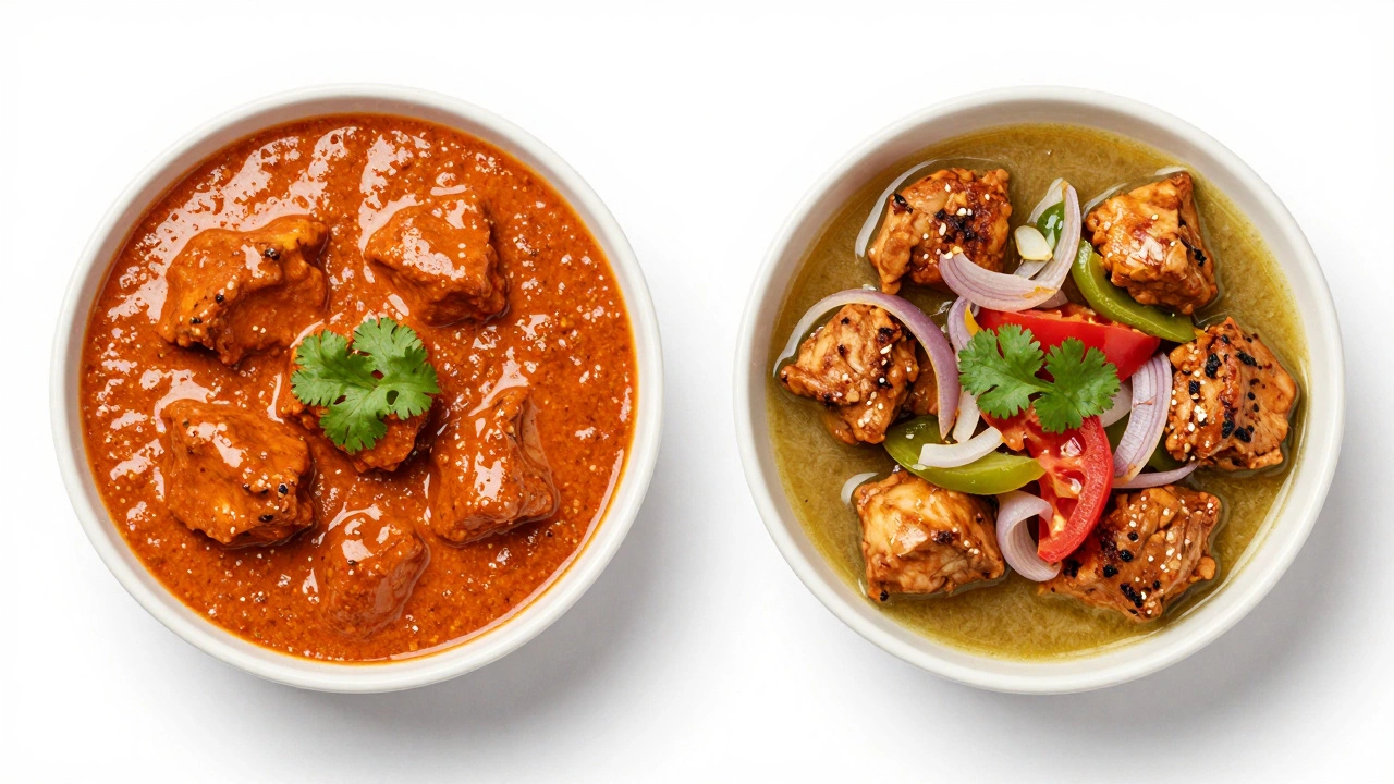 Two bowls of curry showing smooth blended sauce versus chunky sauteed onion texture