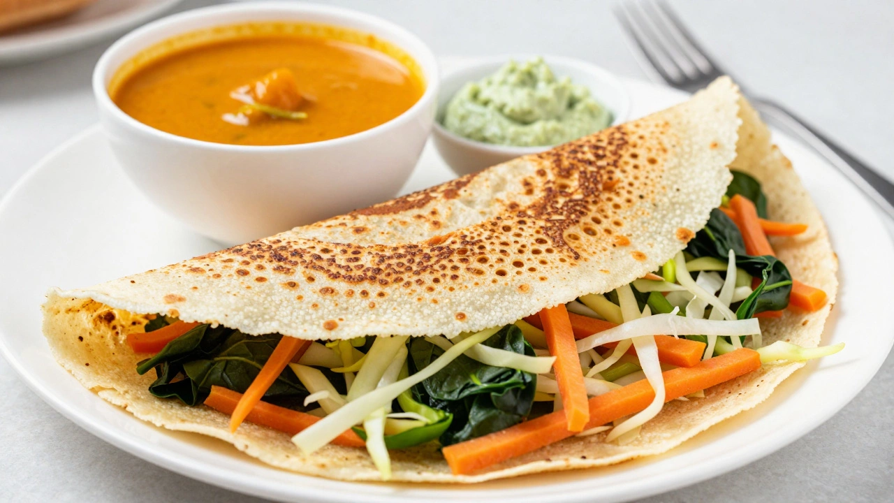 Vegetable-stuffed dosa served with sambar and coconut chutney on a white plate.