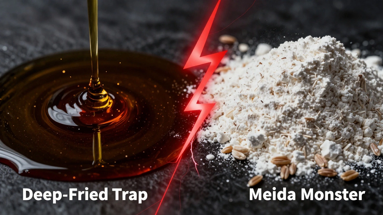 Visual metaphor of unhealthy oil and refined flour causing harm