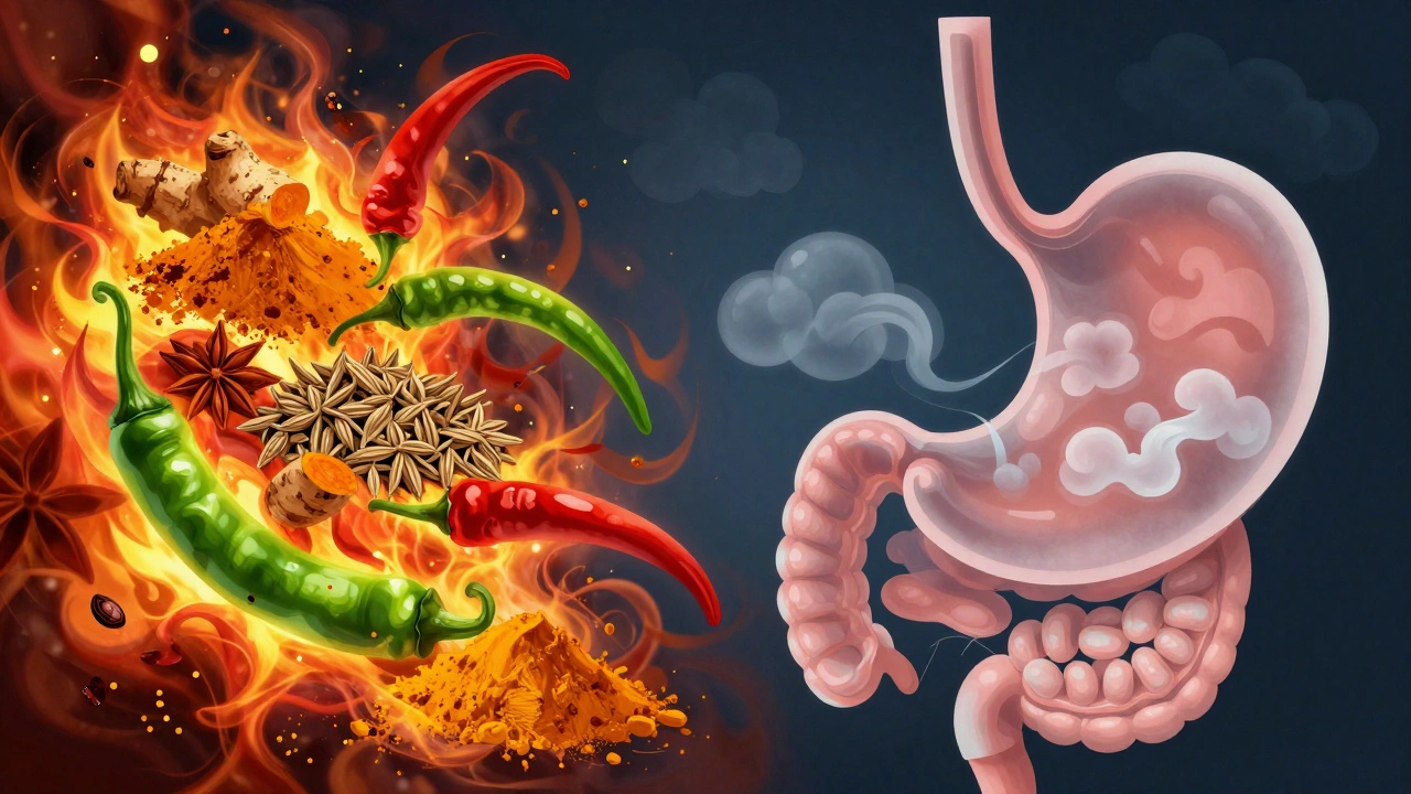 Abstract art showing spices causing stomach bloating