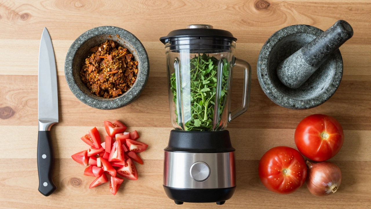 Blender, mortar, and knife with chutney ingredients
