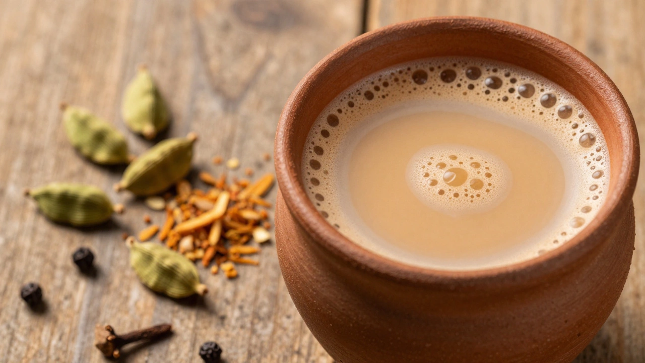 Clay cup of creamy chai surrounded by cardamom, ginger, and cloves on wood.