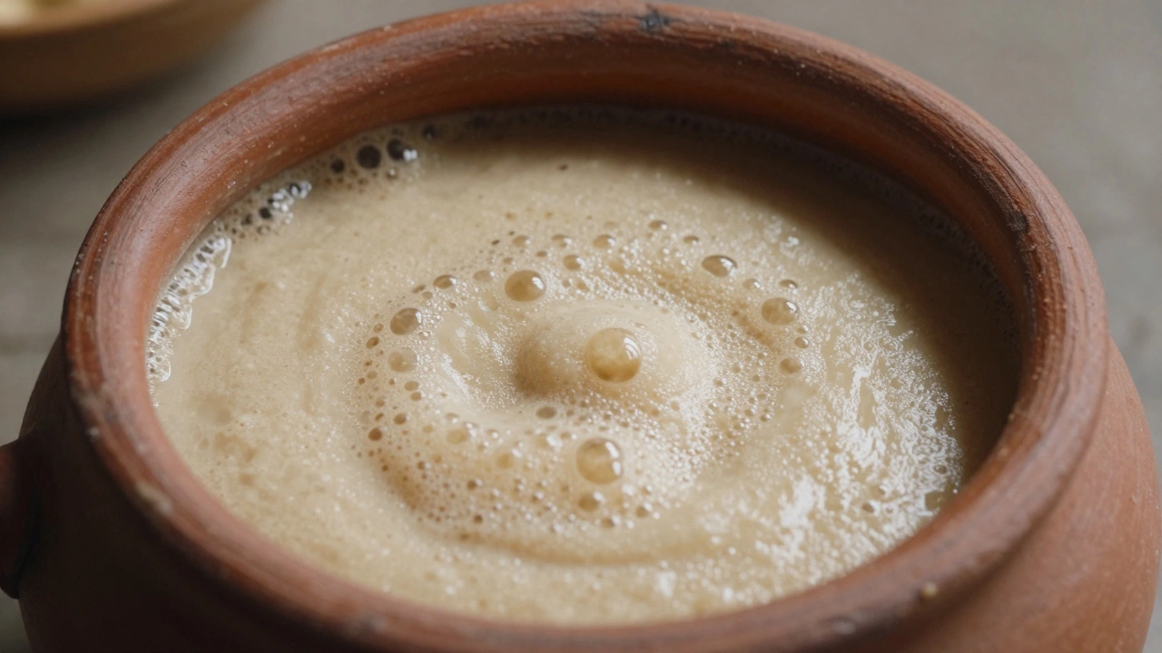 Close-up of bubbling fermented dosa batter in a traditional clay pot.